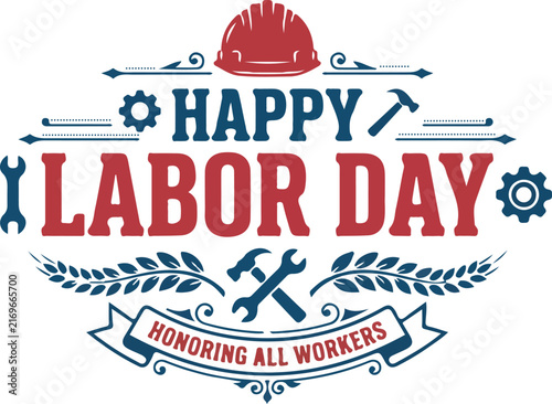 Happy Labor Day vintage badge with hard hat and tools vector design