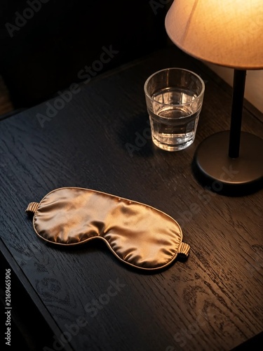 Silk Sleep Mask Folded On Bedside Table Beside Warm Dimmed Lamp And Glass Of Water For Night Routine