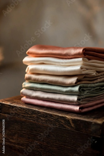Stack of folded silk hanbok fabrics on wooden chest traditional korea asian textile