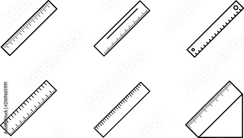 Ruler icon vector set with outline measurement tools and triangle ruler isolated on white background
