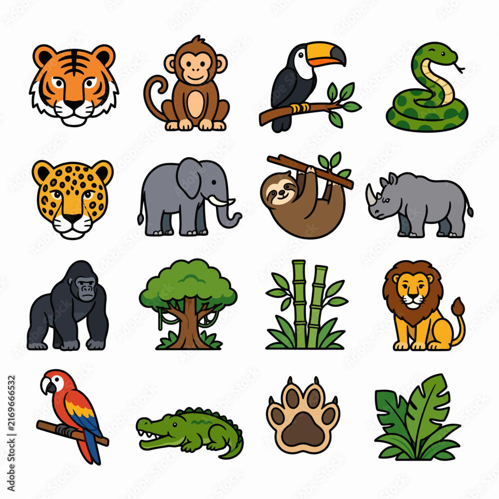 Naklejka premium Colorful cartoon animals and plants illustration set