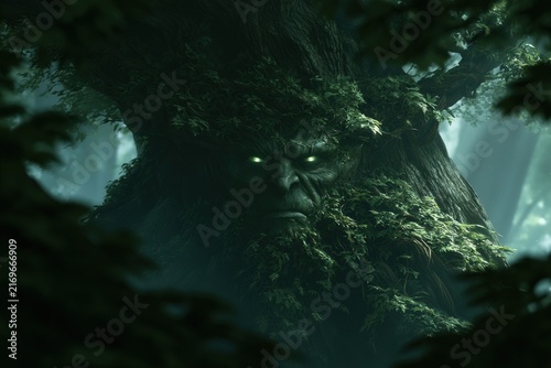 Ancient forest spirit face emerging from mossy tree bark