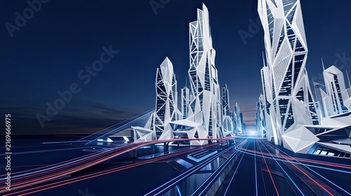 Futuristic White Angular City Skyline at Night with Glowing Light Trails