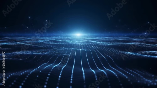 Abstract digital landscape with glowing light trails and particles moving forward in a dark environment