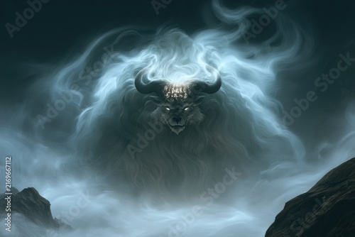Misty spirit with glowing eyes and horns emerging from fog