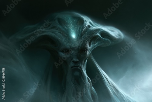 Eerie spirit with glowing forehead in dark misty fantasy scene