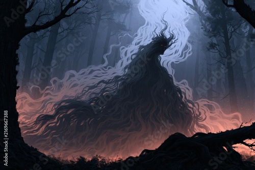 Shadowy forest spirit with flowing hair in misty twilight woods