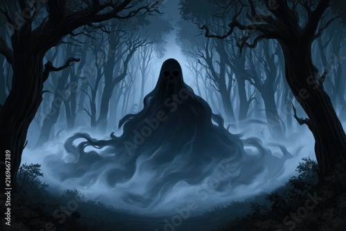 Ghostly apparition with flowing tendrils in dark misty forest