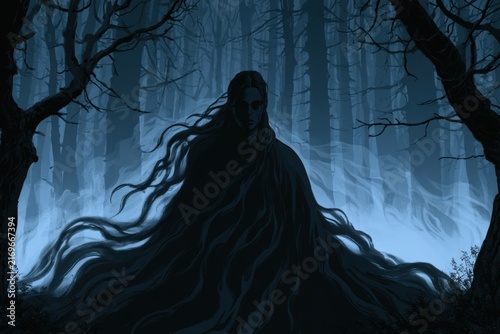 Shadowy cloaked figure with flowing hair in misty dark forest