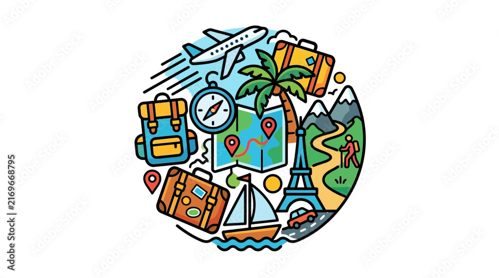 Fototapeta premium A vibrant circular illustration concept for global travel and tourism, featuring an adventure filled vacation journey with icons like airplane and