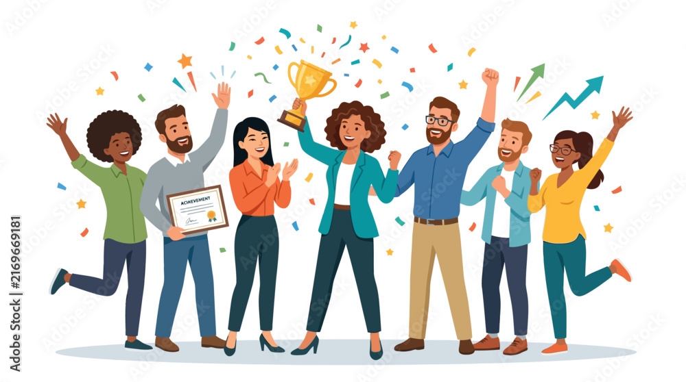 Obraz premium Team Celebrating Success with Trophy and Confetti