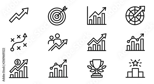Business growth and goal achievement line icon set for corporate success planning and target tracking.