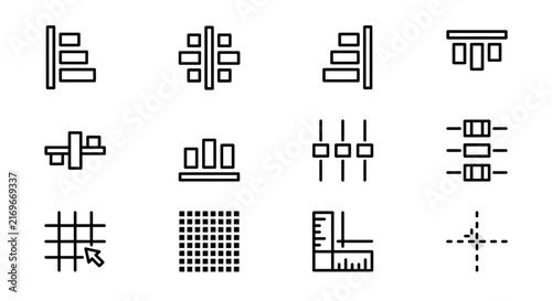 Alignment and layout line icon set for professional graphic design software and digital grid precision.