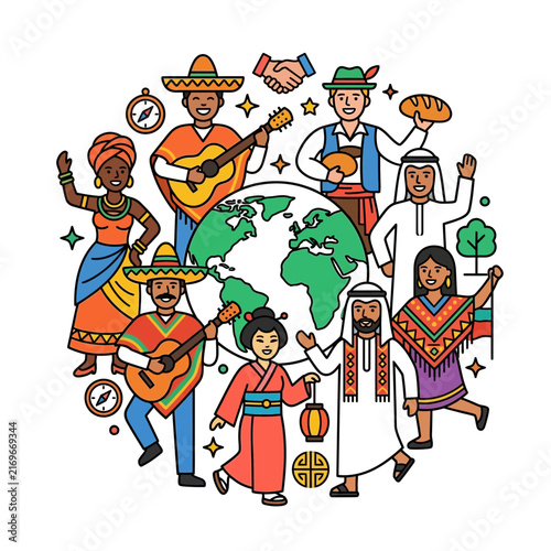 A vibrant illustration of global diversity with people from different cultures around the world globe celebrating unity and international friendship.
