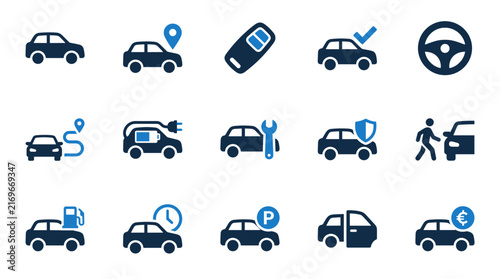 Quadro su tela Set of blue and dark blue automotive icons representing cars transport driving a