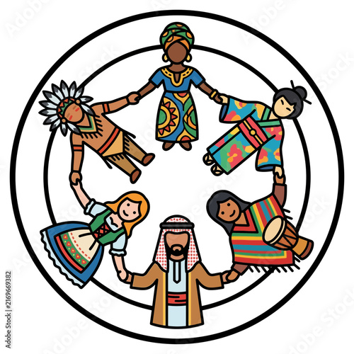 Multicultural group representing global diversity and unity through traditional culture while holding hands in a circle of friendship and peace.