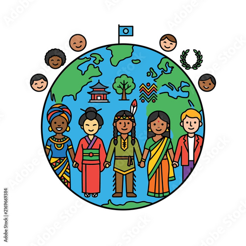 Diversity - A diverse unity of people from around the globe celebrating culture and peace in a colorful world community illustration.