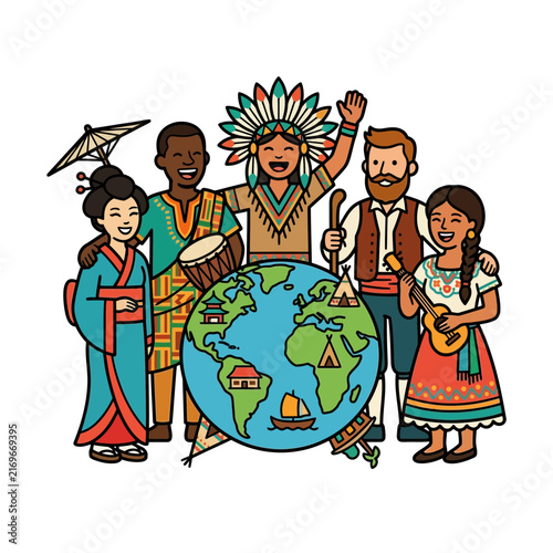 Vibrant illustration of multicultural people from various backgrounds surrounding a globe, symbolizing global diversity and unity of world culture.
