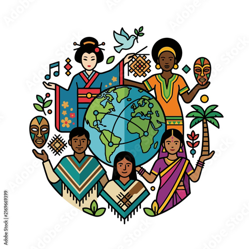 A vibrant illustration of global diversity and culture representing a unity of people from around the world surrounding the planet earth for peace.