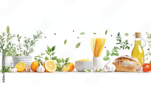 Fresh Herbs, Citrus Fruits, Pasta, Bread, Garlic, Olive Oil, and Vegetables on White Background
