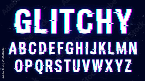 Bold white alphabet letters displaying a stylish digital glitch effect with vibrant cyan and magenta accents