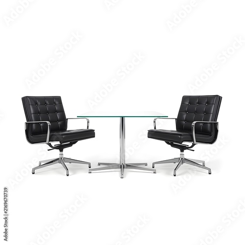 Modern Black Lounge Chairs with Glass Table Isolated on White Background