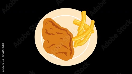 illustration of fish and chips with lemon slice, meal