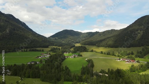 Aerial drone view of the idyllic Bavarian Alps near Ramsau bei Berchtesgaden, Germany, featuring lush green alpine meadows, narrow country roads and majestic mountain scenery. Slow, smooth and relax