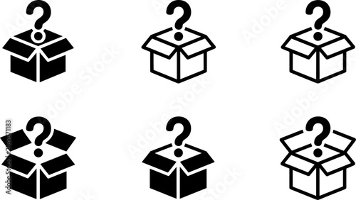 Mystery Box Icon Set with Open Package and Question Mark Outline Vector Collection