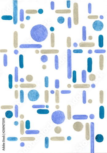 Obraz na plátně Modern minimalist abstract composition featuring hand-drawn rounded rectangular bars, dashes, and circles arranged in a dynamic rhythm