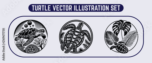 Linocut turtle vector illustration set featuring detailed sea turtles swimming underwater, with coral reefs, tropical monstera leaves, and ocean elements.