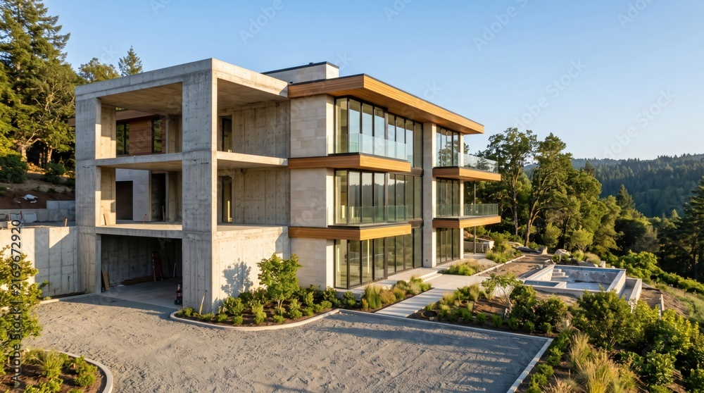Fototapeta premium Modern Luxury Concrete Mansion Under Construction in Forest Hills
