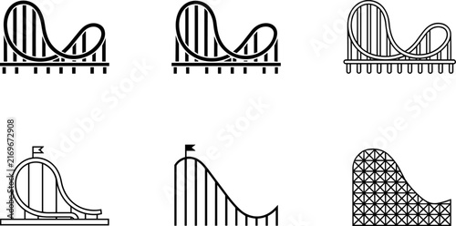 Roller Coaster Icon Set Collection with Amusement Park Ride in Outline and Solid Vector Style