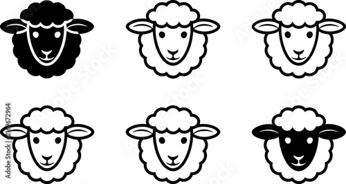 Sheep Head Icon Set with Farm Animal Outline and Silhouette Vector Collection