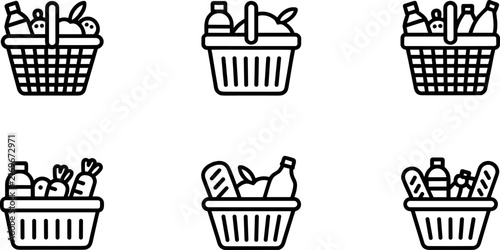 Shopping Basket Icon Set with Grocery Food Basket Outline and Silhouette Vector Collection