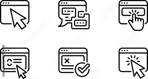Web Interface Interaction Icon Set with Cursor Click Chat and Browser Window Vector Design