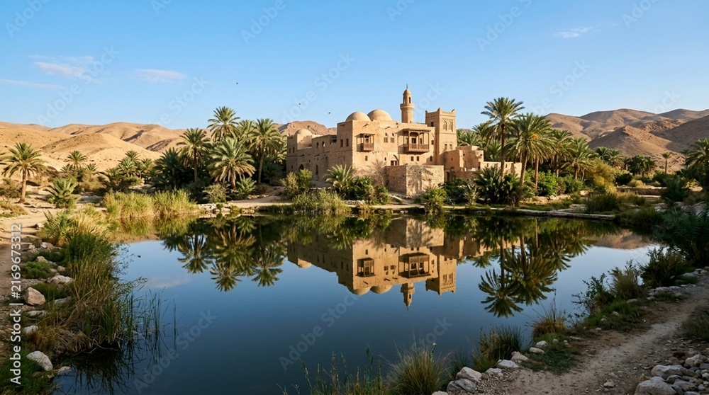 Naklejka premium Desert Oasis Fort Reflection Pond Palm Trees Blue Sky Sunny Day
