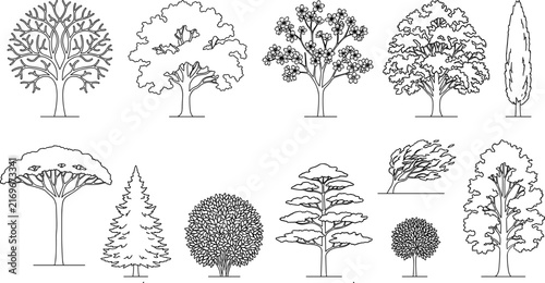 Set of diverse tree line icons isolated on white background for landscape design architecture projects