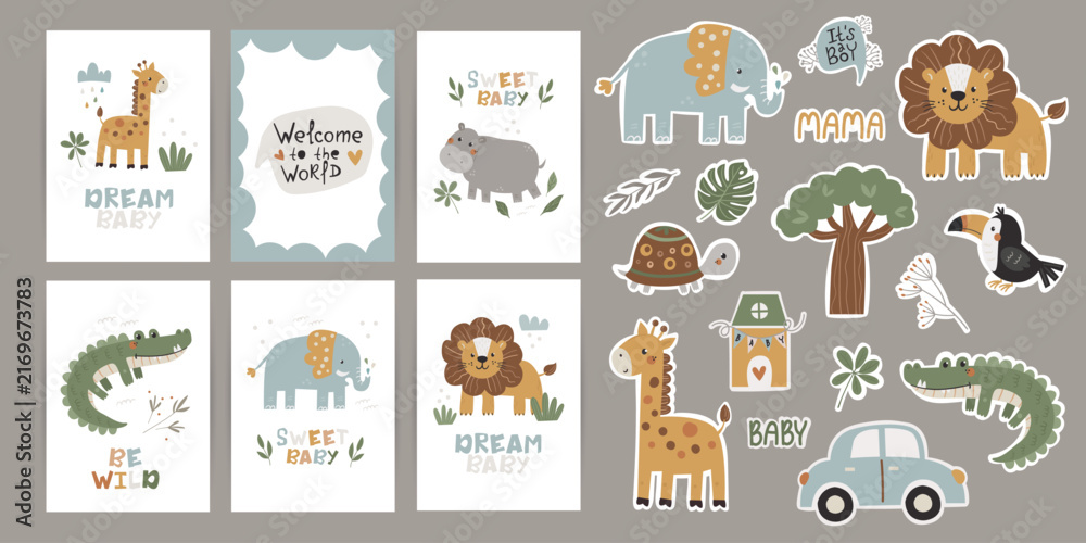 Naklejka premium A set of posters with motivational phrases and stickers featuring charming vector illustrations of safari animals. Perfect for baby shower invitations, nursery wall decor, children's clothing, textile