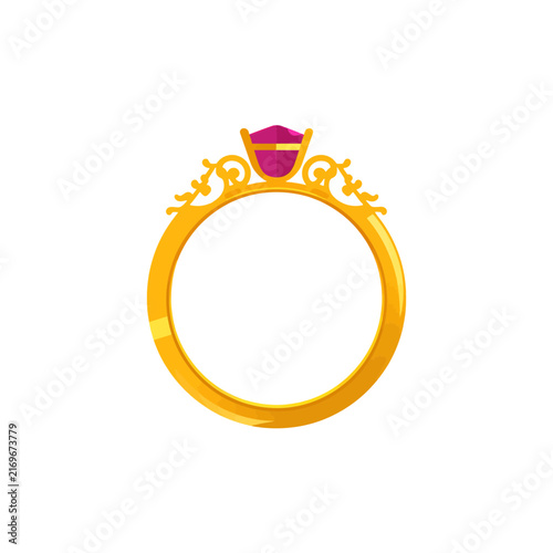 Beautiful gold engagement ring with a shiny pink gemstone decoration in a flat vector style design isolated on transparent background, Vector