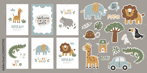 A set of posters with motivational phrases and stickers featuring charming vector illustrations of safari animals. Perfect for baby shower invitations, nursery wall decor, children's clothing, textile