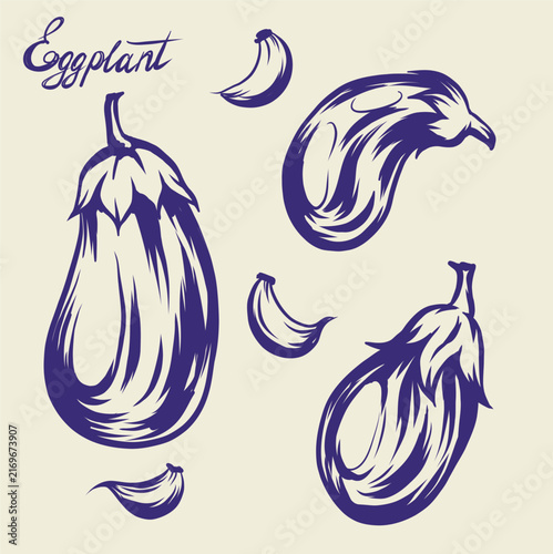 Rustic monochrome vector illustration of a detailed eggplant. Freehand live line art in ink and marker style, featuring organic contours, cross-hatching for shading, and textured imperfections on an i