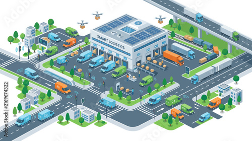 Smart Logistics Hub with Drones, Trucks, and Electric Vans