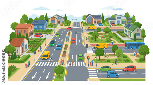 Suburban Street Scene with Cars, Houses, and Pedestrians