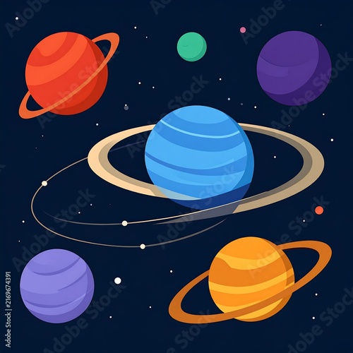 Colorful planets orbiting around a glowing ring in space.