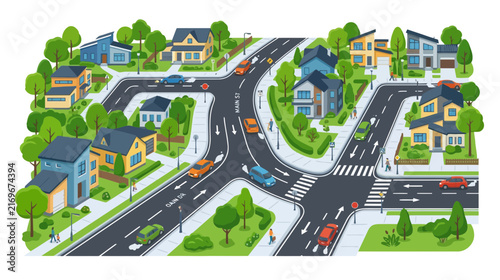 Suburban Street Scene with Houses, Cars, and Greenery