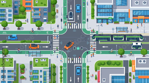 Smart City Intersection with Autonomous Cars, Tram, and Green Infrastructure