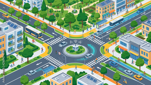 Smart city roundabout with autonomous vehicles, green spaces, and sustainable transport.