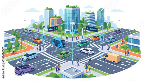 Smart City Traffic Intersection with Autonomous Cars, Drones, and Modern Buildings