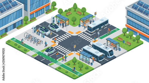 Smart City Transportation Hub: Futuristic Urban Mobility with EVs, Buses, Trams & Bikes